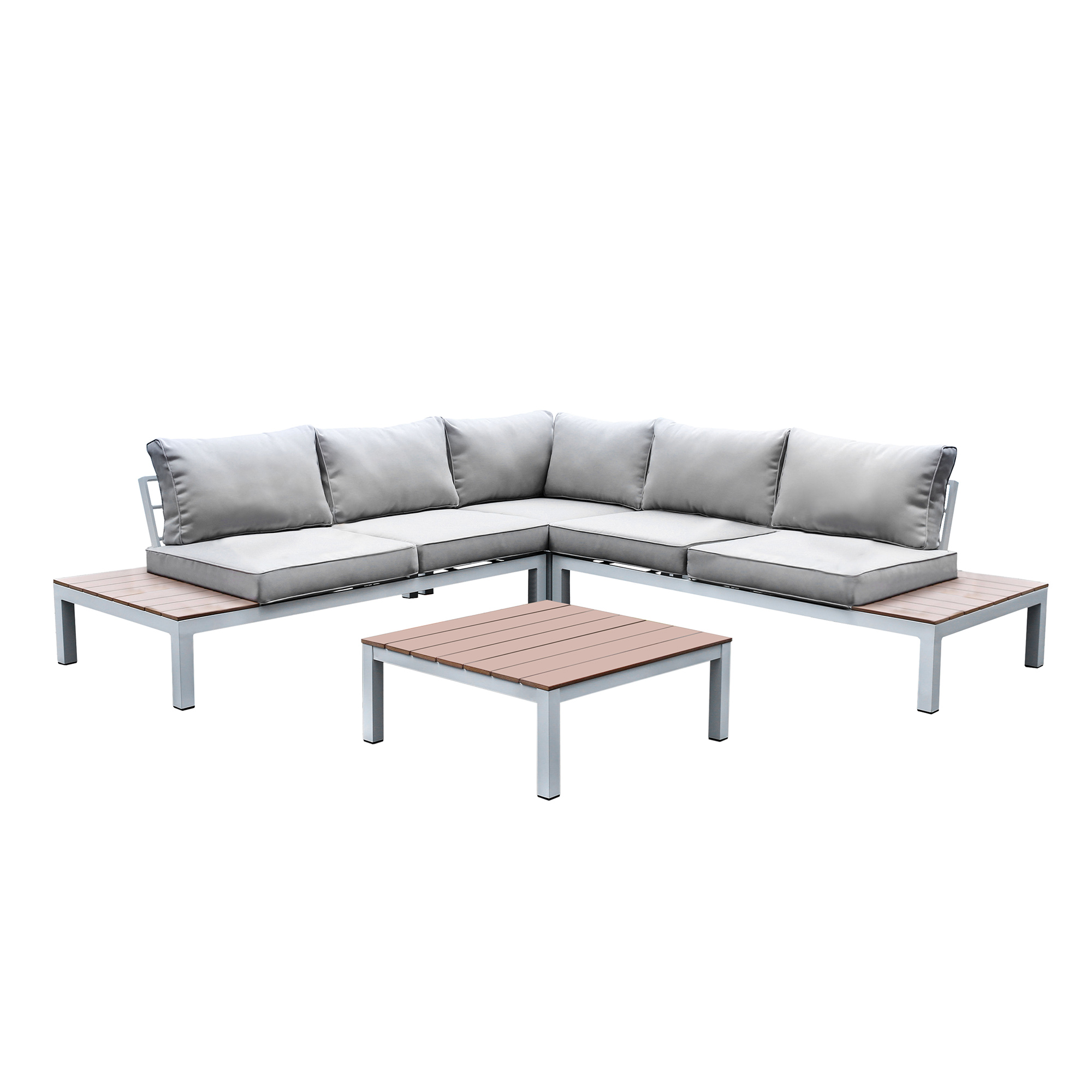 Felisa Contemporary Faux Rattan Patio Sectional with Table in White, Oak and Light Gray